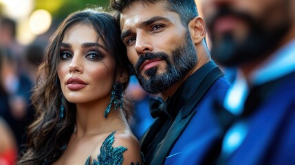 Fototapeta premium A glamorous couple poses for the camera at a high-profile event, showcasing elegant attire and captivating expressions that reflect their confidence and style in the spotlight.