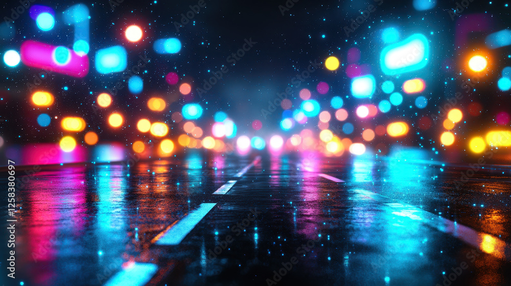 Poster vibrant abstract background featuring colorful bokeh lights on wet road, creating dreamy atmosphere