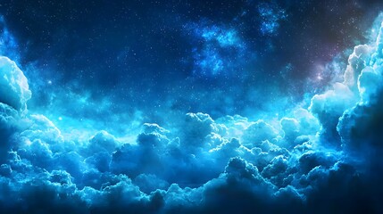 Obraz premium Dreamy Blue Clouds Against a Starry Night Sky with Cosmic Elements