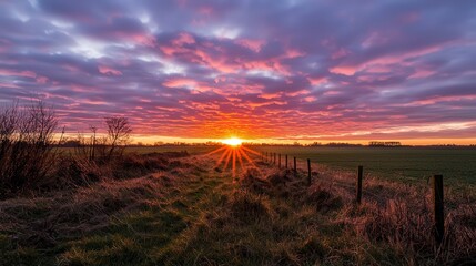 Breathtaking sunset over fields countryside landscape natural beauty vibrant sky scenic viewpoint tranquil concept