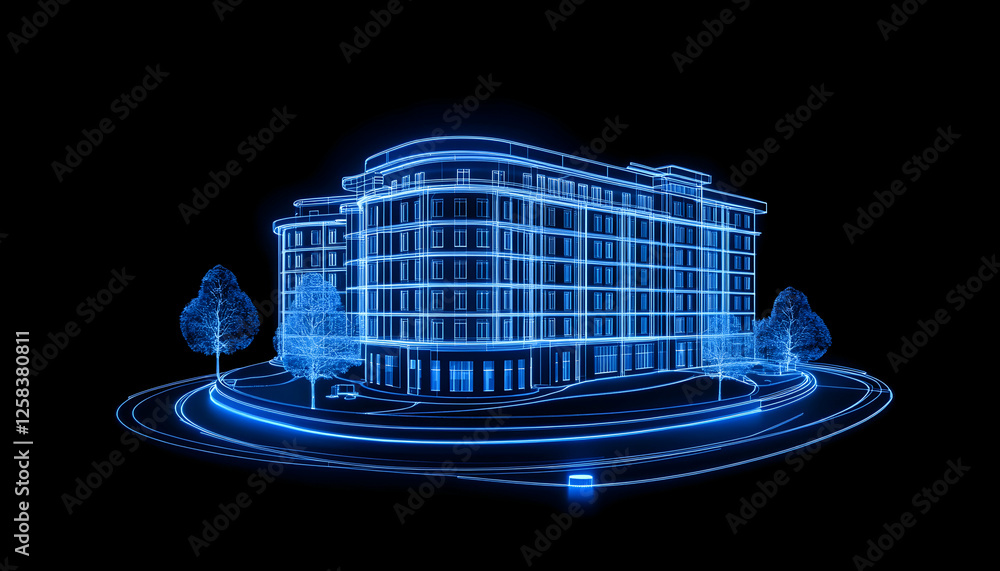 Poster blue wireframe building design, surrounded by abstract landscape with two trees on a black backgroun