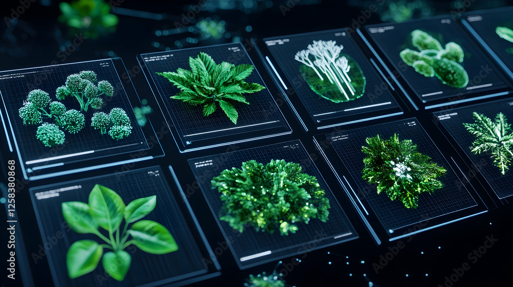 Poster botanical catalog study of flora species, digital data display for science use in dark laboratory