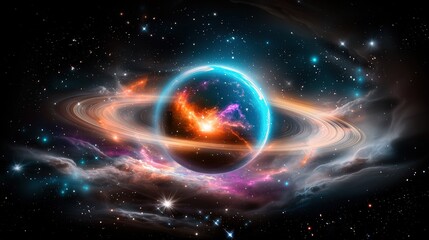 A surreal, colorful nebula glowing with rich shades of teal, orange, and violet, surrounded by shimmering stars and wisps of cloud, offering a breathtaking celestial atmosphere.