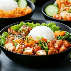 Fototapeta premium Authentic Indonesian Cuisine Platter with Rice and Various Colorful Dishes Displayed in Elegant Bowls