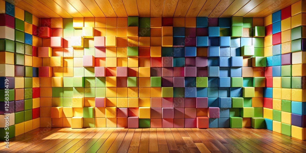 Aufkleber brightly colored cubic blocks adorn a room's walls, creating a vibrant and playful atmosphere