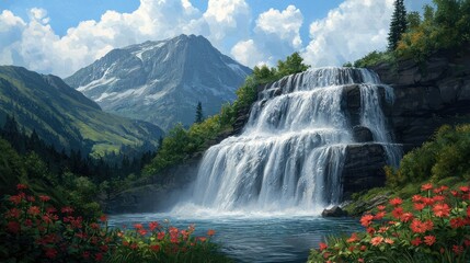 Fototapeta premium Serene Waterfall Cascading Down Rocky Mountain Landscape