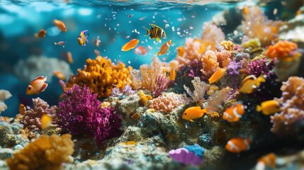 Obraz premium Vibrant underwater coral reef scene with colorful tropical fish in clear ocean