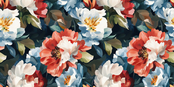 Abstract hand-painted style floral background. Elegant botanical seamless pattern in style of impressionism. Summer ornament with colorful flowers, peonies, leaves, petals. Repeated vintage design