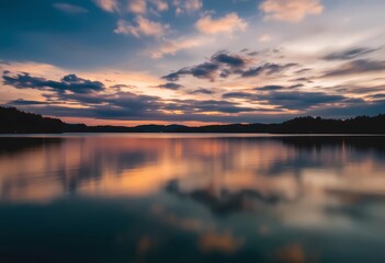Obraz premium Serene Sunset over the Tranquil Lake, a mesmerizing reflection of colors painting the still water, nature's masterpiece at dusk