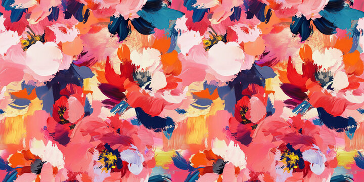 Abstract floral background in style of impressionism. Elegant seamless pattern with colorful flowers, peonies, petals. Hand-painting style illustration. All-over design for textile, print, wallpaper