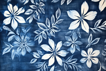 Highly detailed hand-dyed Shibori fabric, white floral patterns on deep blue indigo-dyed cotton.