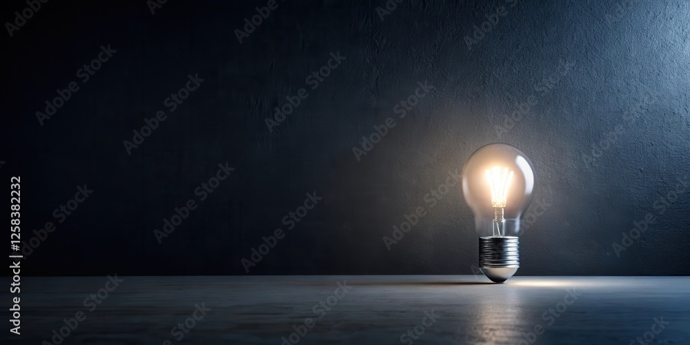 Poster illuminated idea a glowing light bulb on a dark surface