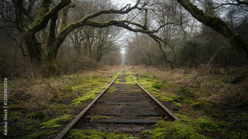 Poster Exploring abandoned railway path surrounded by towering trees in nature serene landscape depth perspective