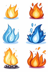 Cartoon style flames icon set, in red and blue colors, on white background, for gaming assets