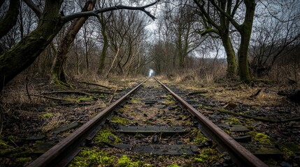 Fototapeta premium Exploring an abandoned railway path surrounded by towering trees in a serene natural environment