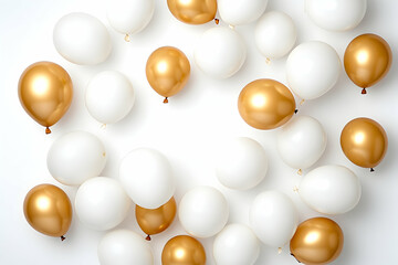 Celebration white and gold balloons scatter on white surface, ready for a party backdrop or sale
