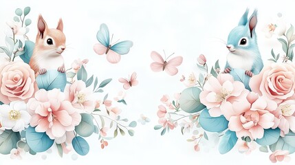 A dreamy wallpaper featuring a tropical paradise, where bright flowers, fluttering butterflies, and curious squirrels create a magical and inviting kids' room decor.