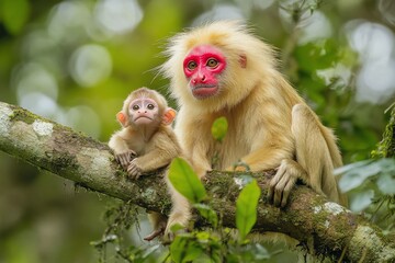 Fototapeta premium Red-faced monkey mother and baby sitting on a tree branch in a lush green forest.