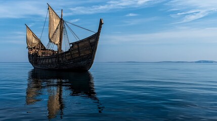 Ancient wooden ship sailing across tranquil sea maritime adventure coastal environment captivating viewpoint