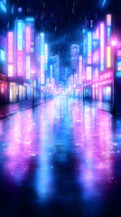 City street at night illuminated by neon lights reflecting on wet pavement, possible for digital ads