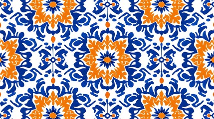 Colorful Floral Pattern in Blue and Orange for Fabric Design