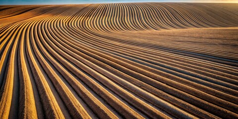 Golden Hour Farmland Parallel Rows of Cultivated Soil Under a Sunset Sky