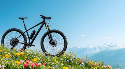 Naklejka premium Mountain Bike In Wildflower Meadow At Sunny Alpine Landscape