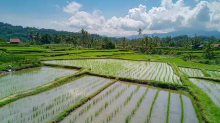 This wide view of a green rice farm agricultural field with a bright sky highlights the natural beauty of farming life and plant growth. AI generative.