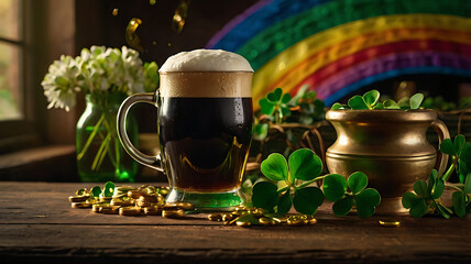 A glass of beer, a pot of gold coins on the table, gold coins and clover scattered on the table, a blurred image of a rainbow for the celebration of St. Patrick's Day in the background.Realistic photo