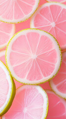Pink lemon slices with green rinds on a bright background