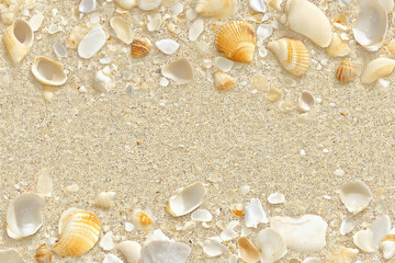 Obraz premium Highly detailed sandy beach texture, fine grains with small shells and pebbles scattered throughout.