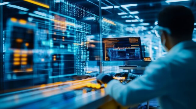 Scientist analyzing data on a computer screen in a high-tech laboratory with digital displays