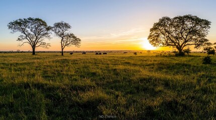 Golden savanna sunset african landscape nature photography expansive plains serene atmosphere wildlife in view