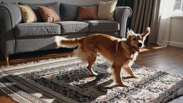A playful dog stands on hind legs in a sunlit living room. Captured from a low angle, the video highlights the cozy, inviting atmosphere.