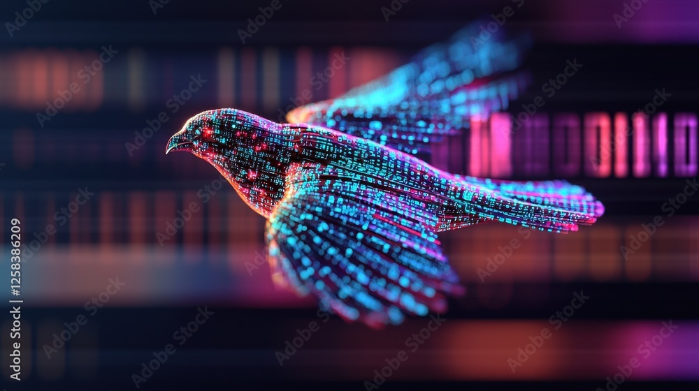 Poster colorful abstract bird flying with digital binary background