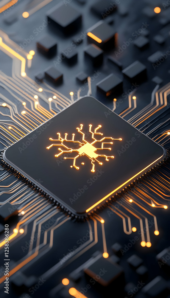 Poster computer chip processes data, illuminated on a complex, glowing motherboard in close up view for tec