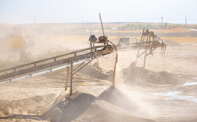 Crushing stones in a quarry for processing minerals, cement, limestone. Distribution and Screening...