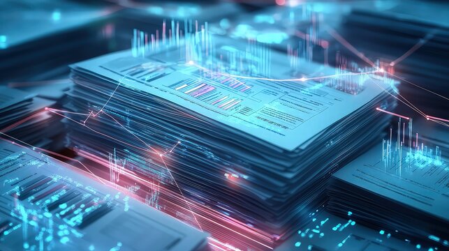 A glowing stack of tax forms and financial reports connected by digital lines to graphs and bar charts, representing the flow of data in financial accounting and tax preparation - Powered by Adobe