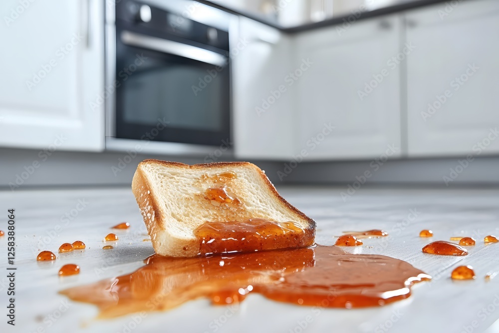 Poster accidental toast drop with jam on clean kitchen floor creating a messy and humorous scene