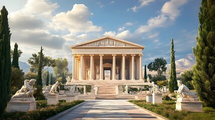 Obraz premium Majestic Ancient Greek Temple in Serene Garden Setting