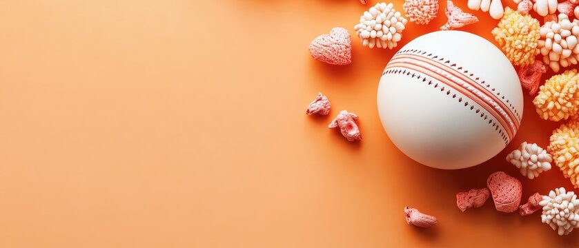 White cricket ball placed among colorful candies for social media poster design resource