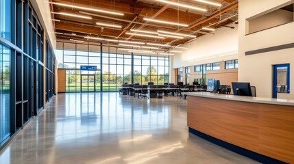 Fototapeta premium Modern office interior showcasing spacious layout, large windows with natural light, and minimal decor