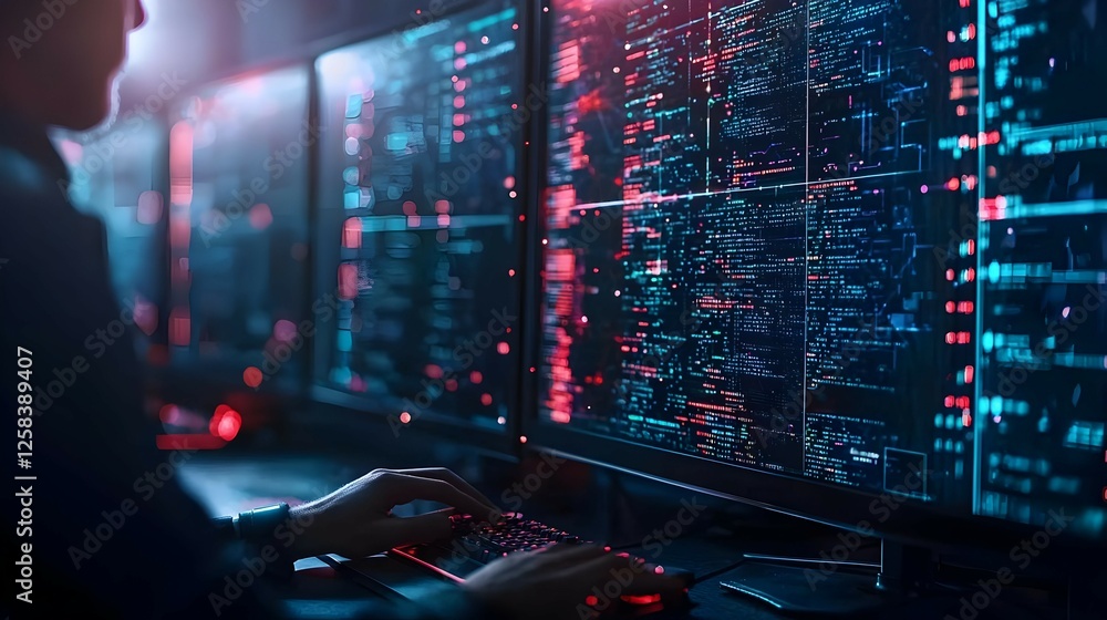 Poster person typing on keyboard in front of glowing computer screens