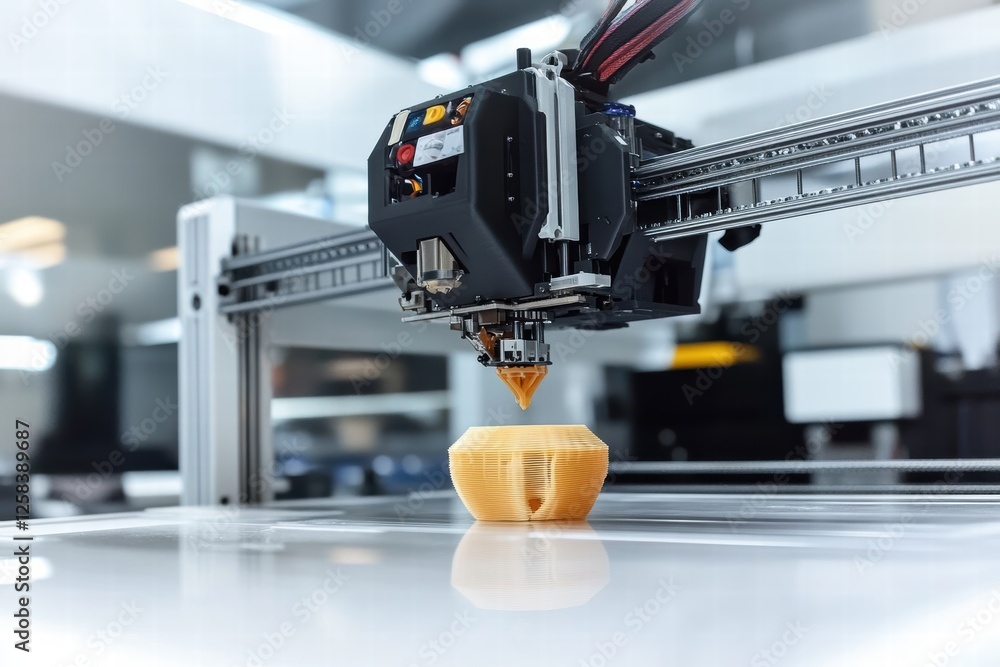 Poster innovative 3d printer producing a detailed prototype in a modern workshop setting