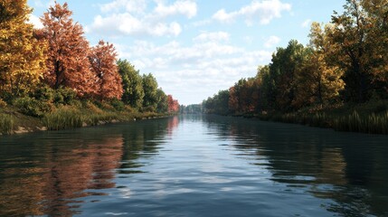 Serene Autumn River Scene with Colorful Foliage and Calm Waters
