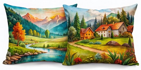 Rustic Hand-Drawn Throw Pillow Designs: Distressed Landscape Illustrations