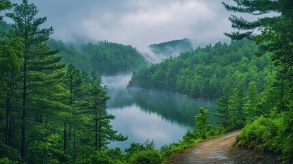 Misty morning view of a serene lake nestled in a lush green forest, with a dirt road leading into the scene.