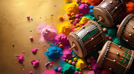 Holi Festival Drums and Color Powders on Gold