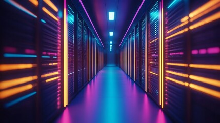 Futuristic data center corridor illuminated by vibrant neon light, showcasing advanced technology