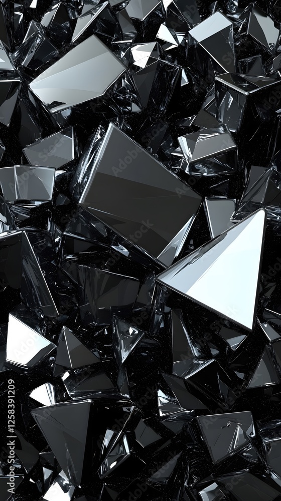 Poster abstract composition of geometric shapes in dark tones with glossy surface and reflections